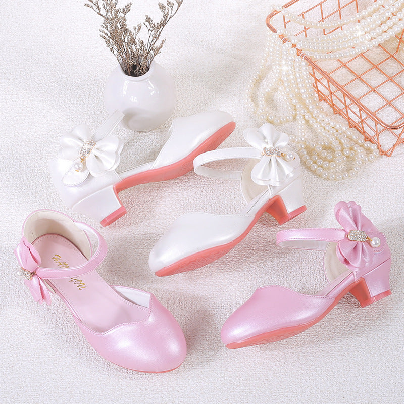 2025 New Children's Princess Shoes White Pink Korean Style High Heel Pearl Bow Leather Shoes Girls' Toe Single