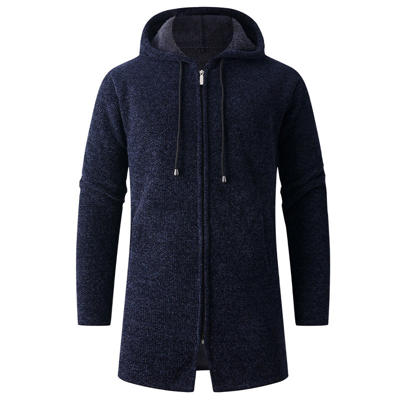Cross-Border European and American Men's Mid-Length Knitted Windbreaker for Young and Middle-Aged People Hooded Cardigan Plus Velvet Thickened Warm Jacket Coat