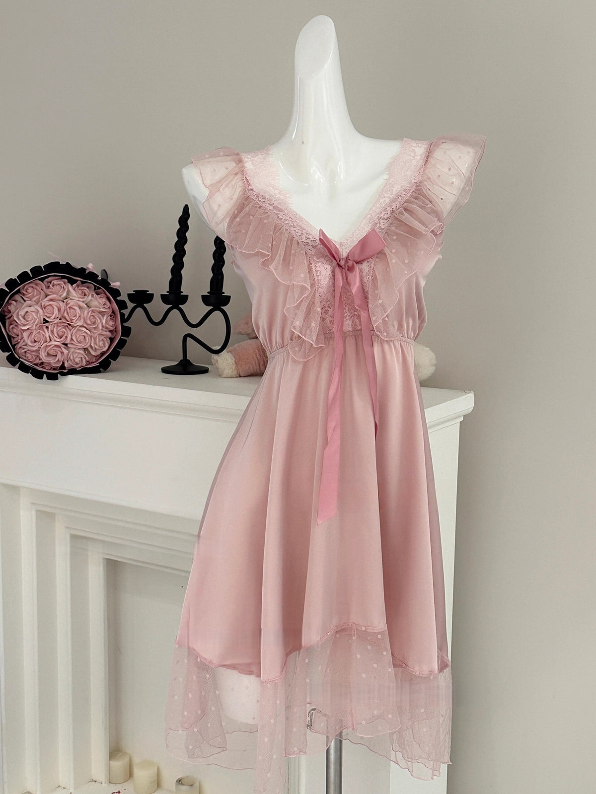 Purely Sensual Silky Slip Nightgown with Sexy Backless Lace Bow, Polka Dot Sleep Dress with a High-End Feel, Loungewear