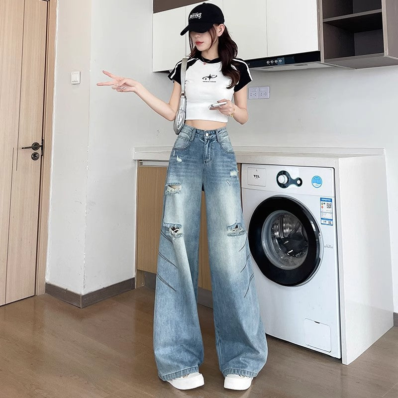 Ripped Straight-Leg Jeans for Women, Summer 2025 New High-Waisted Leg-Covering Style, Trendy American-Style Wide-Leg Pants for Hot Girls