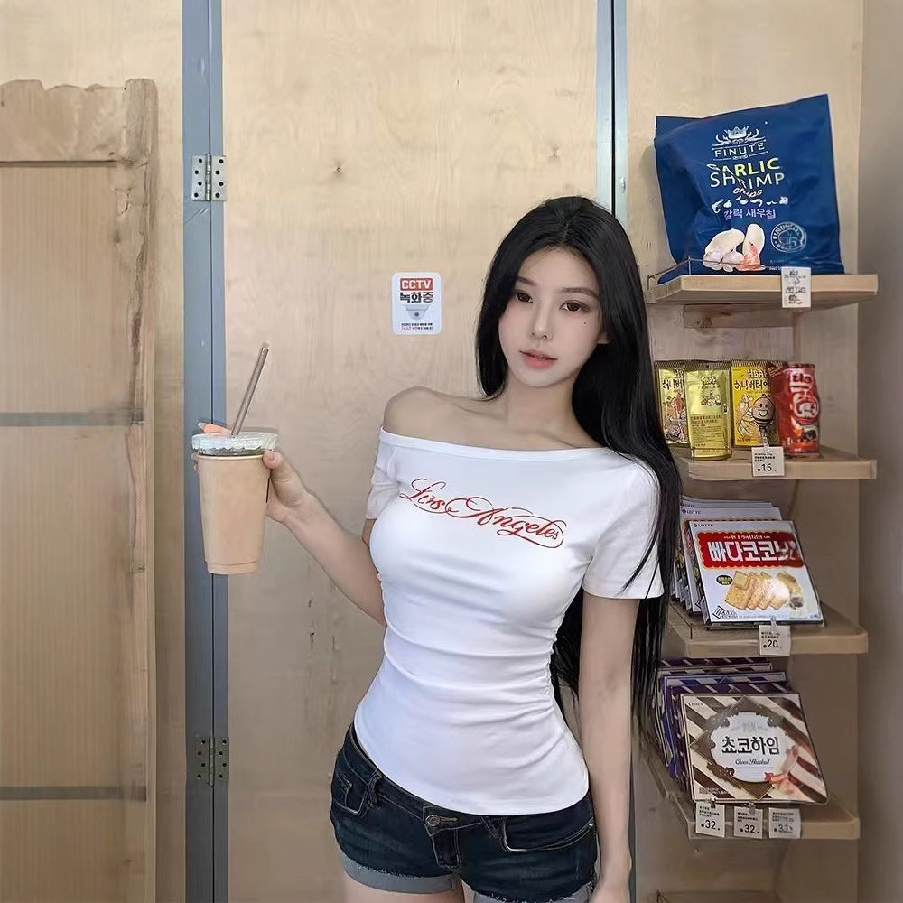 Hot Girl Style Letter Printed Slanted Shoulder Short-Sleeved T-Shirt for Women Summer New Slim Fit Versatile Chic Top