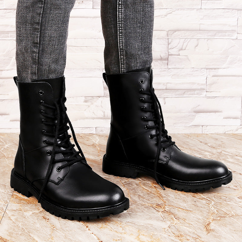 Winter new men's high barrel plus velvet cowhide cotton boots high-top warm special military boots large size 37-48 wholesale