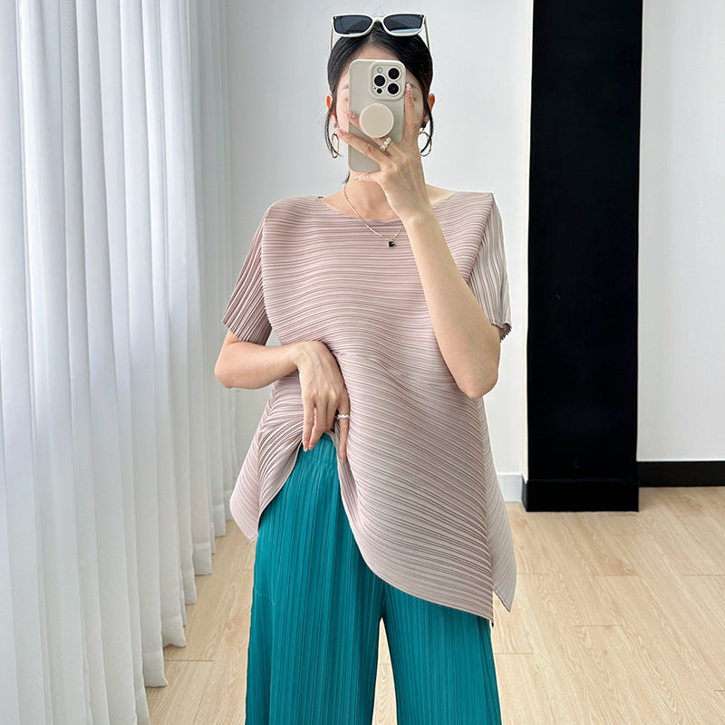 Foreign trade sanzhai top for women 2023 new loose slimming irregular versatile high-grade pleated t-shirt for women