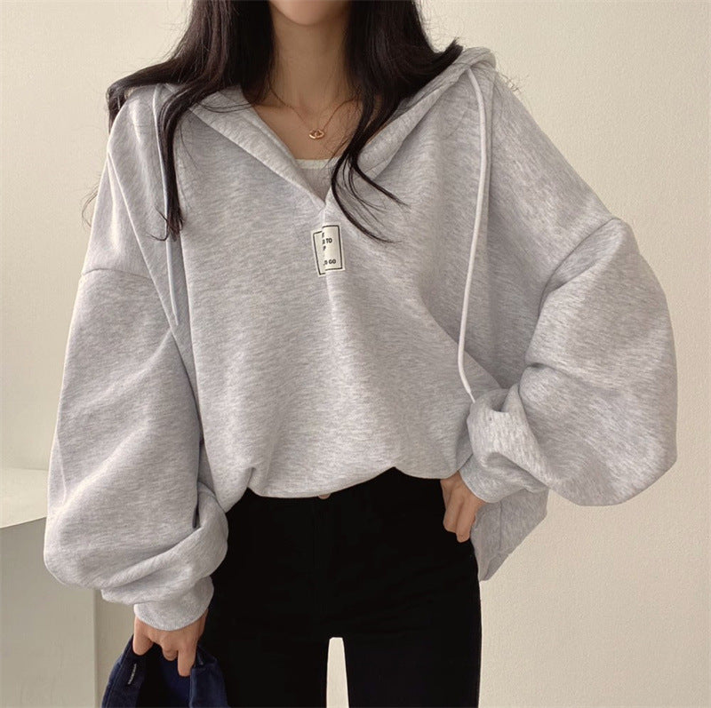 Cross-border South Korea Spring and Autumn Lazy Style Batwing Sleeve Loose All-match Collar Hooded Top Pullover Sweatshirt Women's plus size