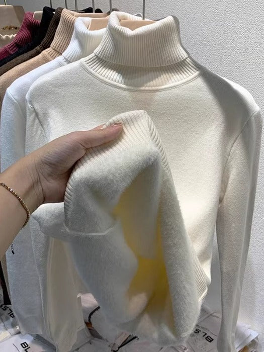 Thickened Fleece-Lined Thermal Sweater for Women, Autumn and Winter Ribbed High-Neck Long-Sleeve Knit Base Shirt