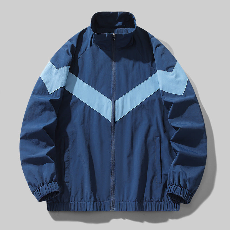 Men's Spring and Autumn Outdoor Sports Breathable Jacket, Windbreaker, Loose Color-Blocked Stand Collar Men's Coat, Casual Top