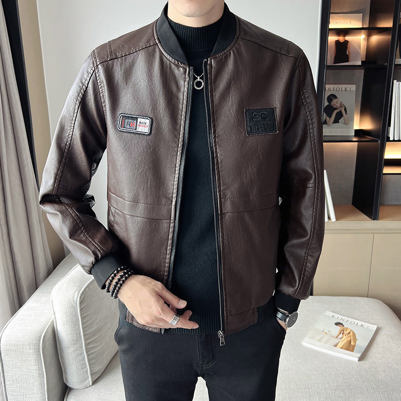 Men's Leather Jacket New Men's Handsome Leather Jacket Slim Trendy Korean Style Baseball Collar Jacket Men's Motorcycle Clothing Top