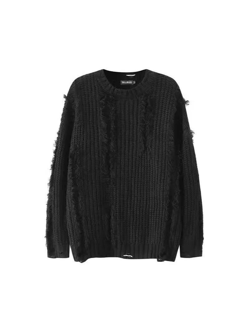 2024 Autumn and Winter New Sweater Men's American Niche Retro Tassel Hole Design Loose Lazy Knitted Sweater