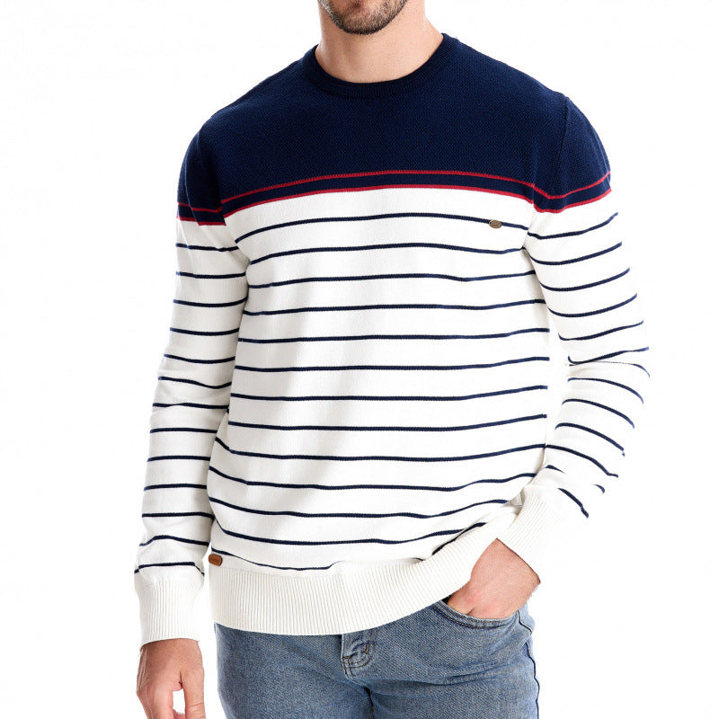 2024 autumn and winter new striped color matching long sleeve men's sweater fashion round neck men's casual sweater