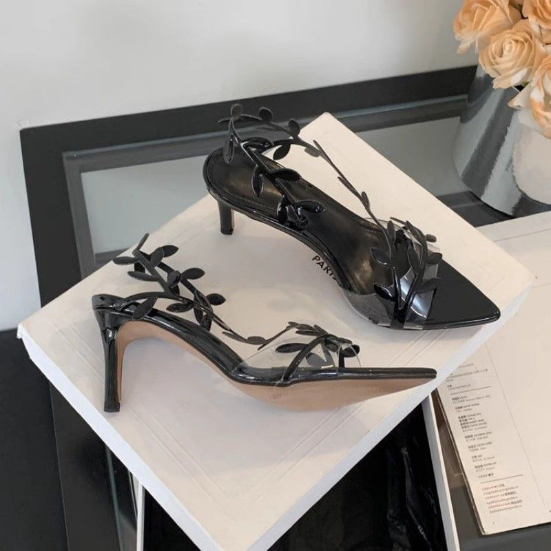 Golden Patent Leather Leaf High Heels Women's 2025 Summer New Arrival Fairy Style Stiletto Heel Pointed Toe Sandals
