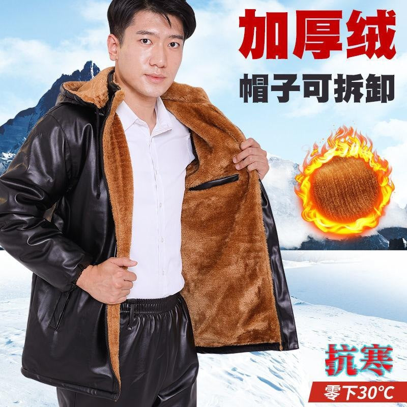 Leather Men's Coat Winter Fleece-lined Thickened Loose Oil-proof Waterproof Take-out Riding Leather Leather Pants Set for Men