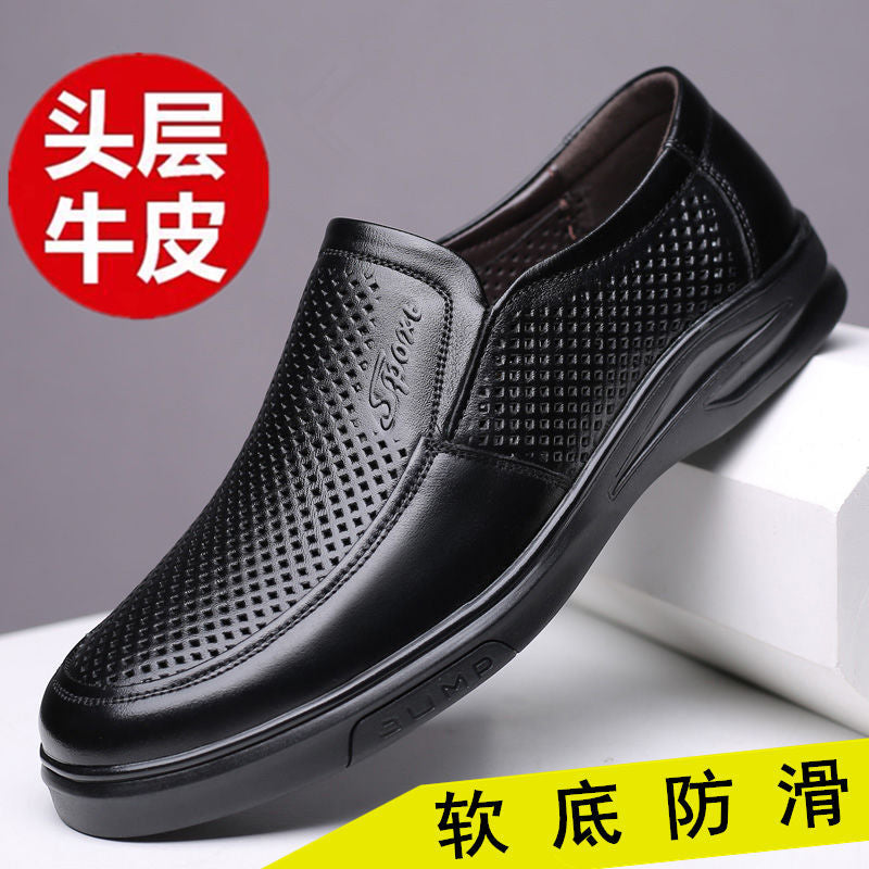 Mingfu Leather New Hollow Leather Sandals Soft Sole Soft Face Hole Shoes Breathable Casual Business Leather Sandals Dad Shoes