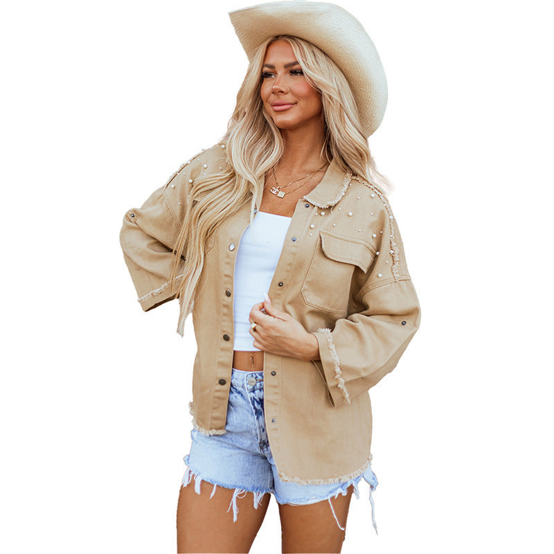 Trendy Winter New Versatile Jacket for Women European and American Fashion Design Beaded Lapel Denim Jacket for Women