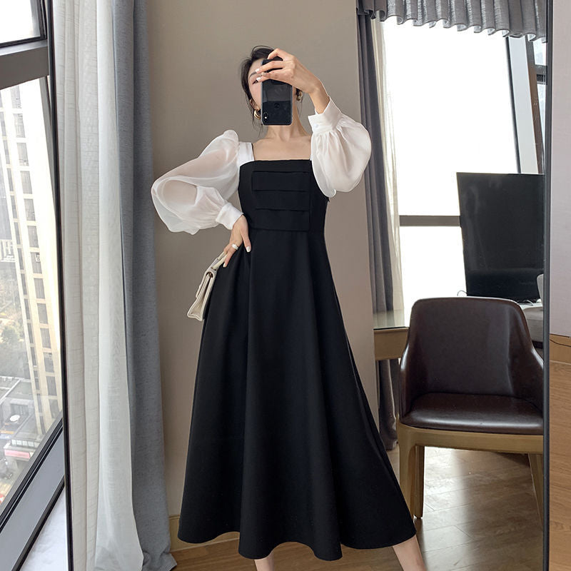 Long-sleeved Black Fried Street Hao Benfeng dress Women's New Spring and Autumn Stitching Square Collar French Skirt Vintage A- line Skirt