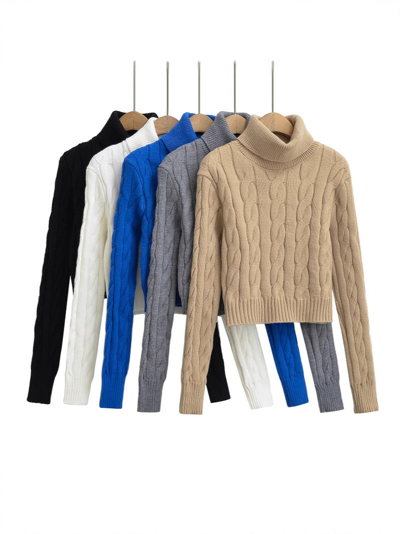 2024 Winter New Spice Girls High Neck Twist Sweater Women's Solid Color All-match Lazy Style Short Base Long Sleeve Sweater