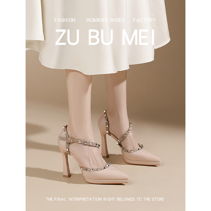 105-8 Sexy Rivet High Heels Women's Toe-Toe Hollow High-Heeled Sandals Women's Pointed Toe Stiletto Platform Shoes Women