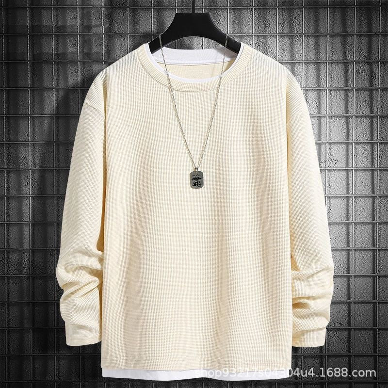 Waffles Sweaters Men's Long-sleeved Spring and Autumn Fake Two-piece Loose All-match Casual Round Neck Base Autumn Men's Top