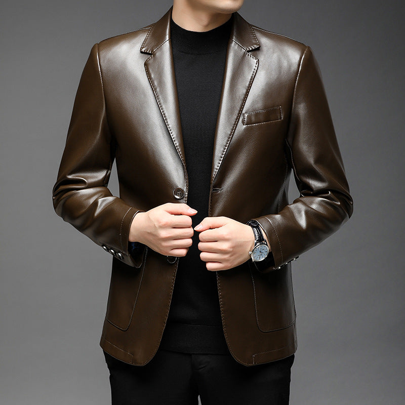 Leather coat men's autumn and winter new men's soft leather suit collar leather coat men's two-button casual leather suit cross-border