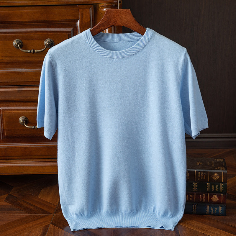 Men's Knitted Short-sleeved Korean Trendy Round Neck Half Sleeve Spring and Autumn Men's Slim-fit Solid Color Short-sleeved Sweater