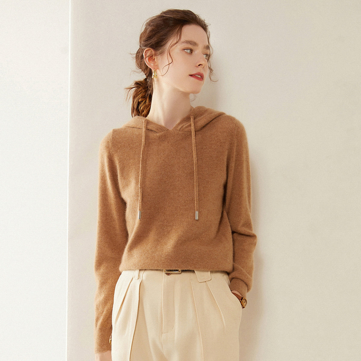 Light Luxury Solid Color 100% Pure Cashmere Hoodie for Women, Versatile for Commuting, Loose Knit Base Hoodie, Loose Fit