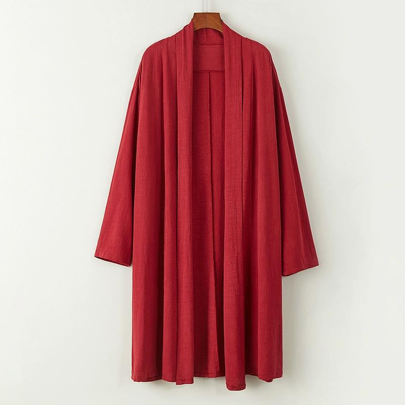 2025 New Autum Chinese Style Men's Stand-Up Collar Mid-Length Buttonless Windbreaker Linen Robe Cloak Jacket