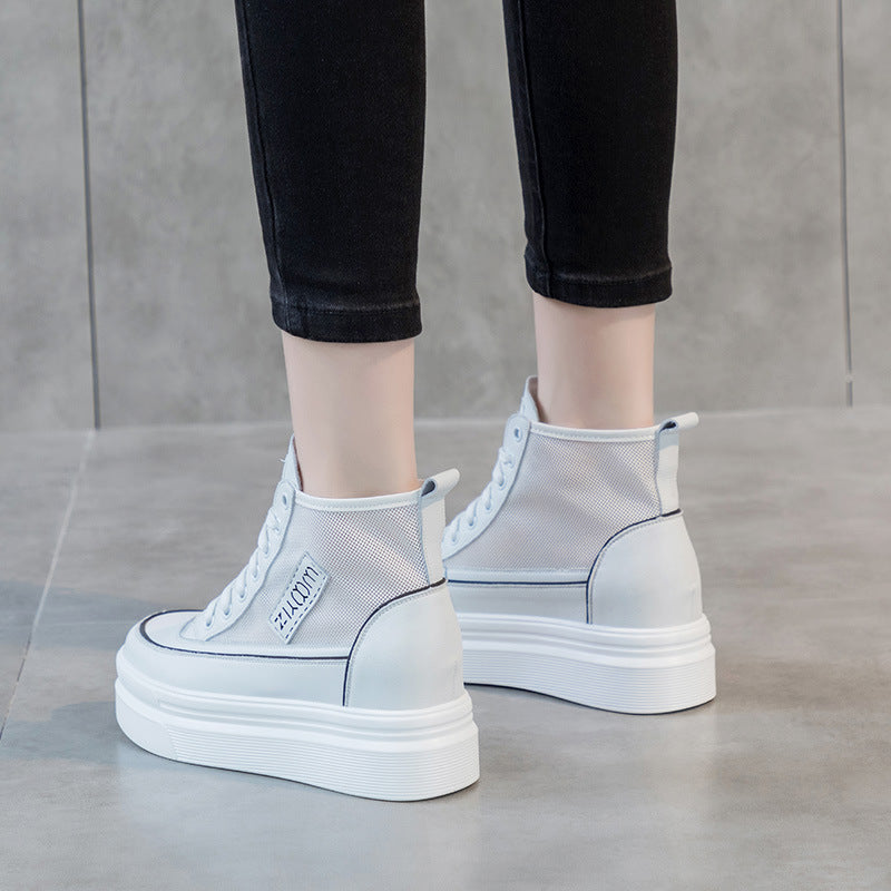2025 Spring New Women's Mesh High-Top White Shoes with Hidden Heel, Korean Style Casual Platform Shoes