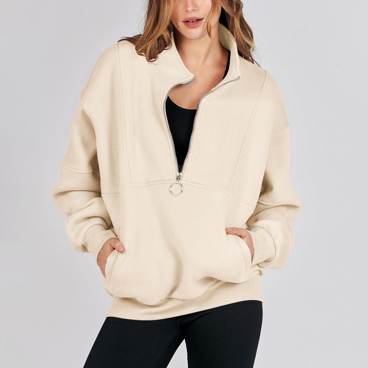 Cross-border 2023 new half-zipper sports sweater women wish Amazon loose pullover long sleeve solid color top women