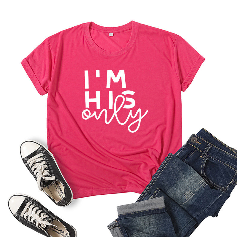 in stock Foreign Trade Cross-border I 'M HER ONE Couple Valentine's Day Printed Short-sleeved Crewneck T-shirt European and American Men and Women