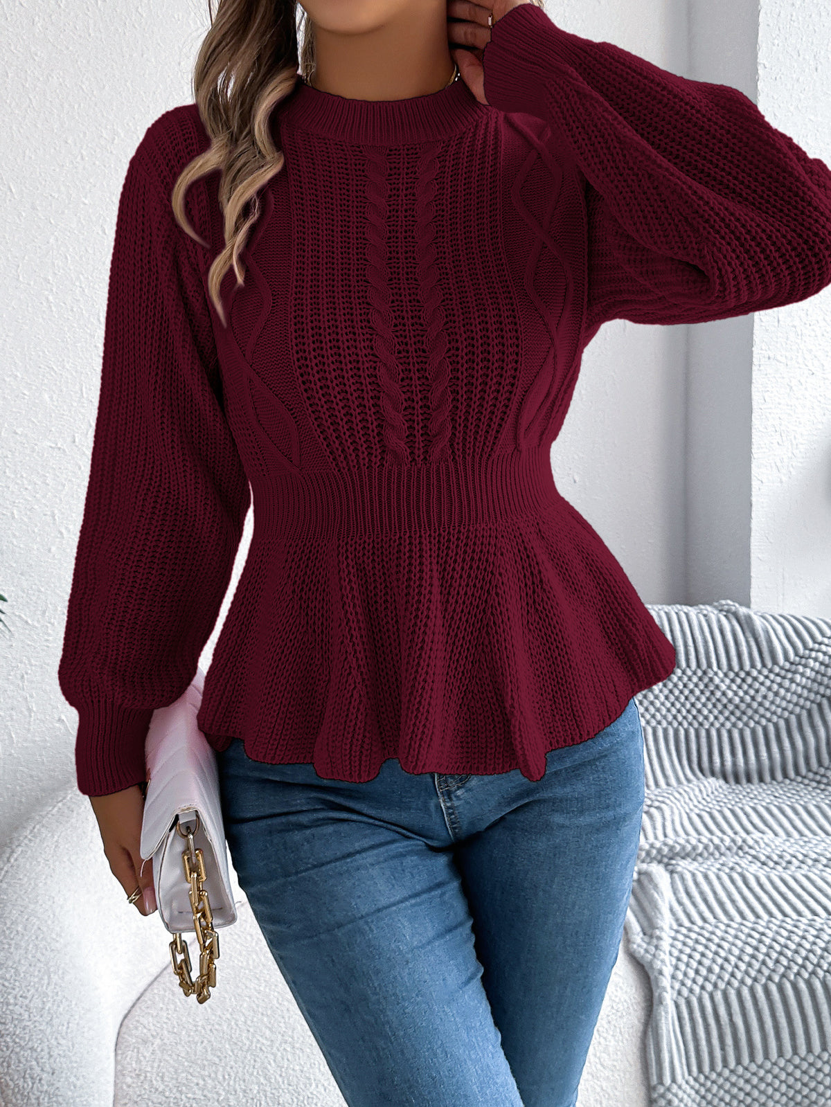 Real Shot of Autumn and Winter European and American Style Solid Color Cable Knit Waist-Cinching Ruffled Long-Sleeve Pullover Sweater, Independent Cross-Border Women's Fashion