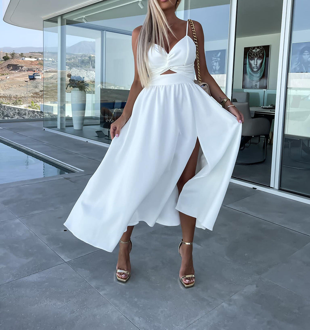 suspenders V-neck large pendulum dress slim-fit backless mid-length dress