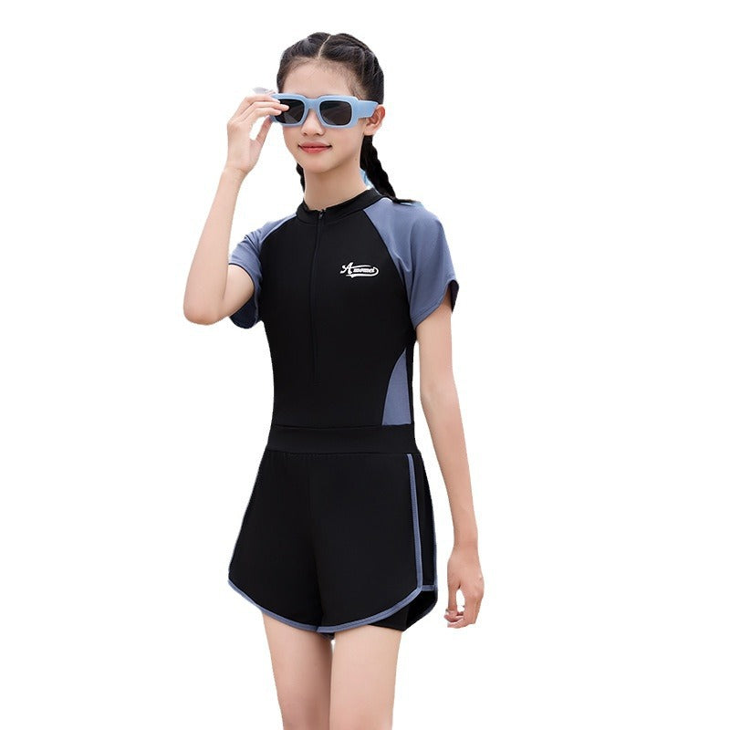 Summer Middle and Big Kids Split Swimsuit Women's Zipper 10-15 Years Old Swimsuit Seaside Beach Hotel Quick-drying Student Equipment