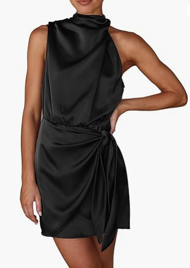 Spring 2024 Women's Short Formal Satin Dress Summer Sleeveless Collar Lace Up Waist Cocktail Party