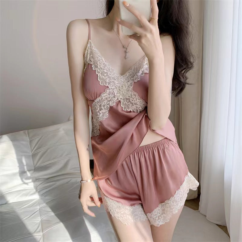 Pajamas for Women, Spring and Summer New Style, Satin Ice Silk Camisole Nightdress, Nightgown, Shorts Three-Piece Set with Chest Pad, Home Wear, Cool