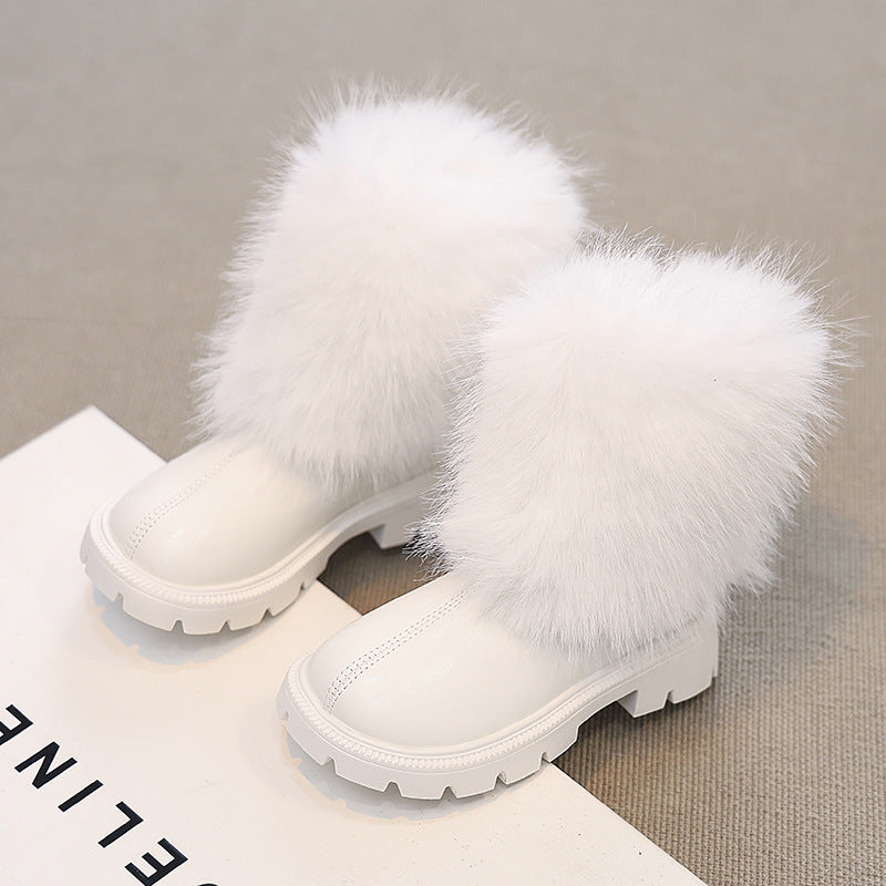 Girls' foreign trade leather boots 2024 autumn and winter new fashion western style mid-tube boots Mao Mao mouth soft bottom chimney boots fashion boots