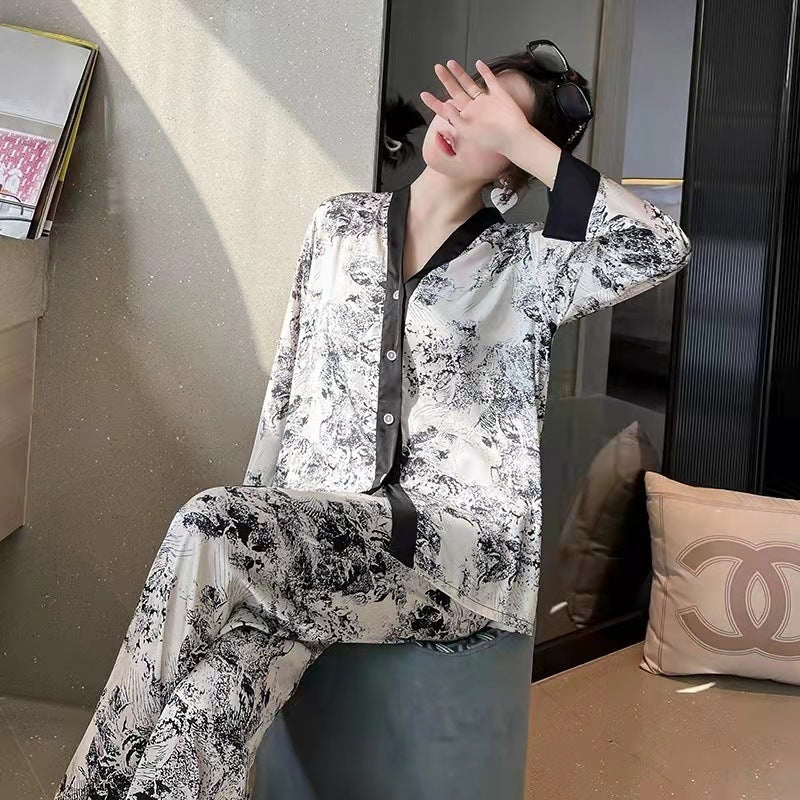 National fashion style ink painting four-piece pajamas women's fashion wholesale summer loose comfortable printing ladies home clothing sets
