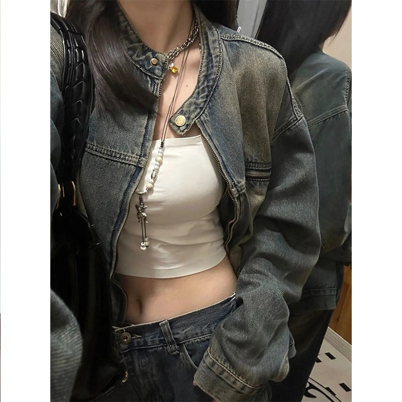 American Style Retro Vibe Style Tooling Denim Coat Women's Autumn Loose Design Sense Washed Old Cardigan Jacket Trendy