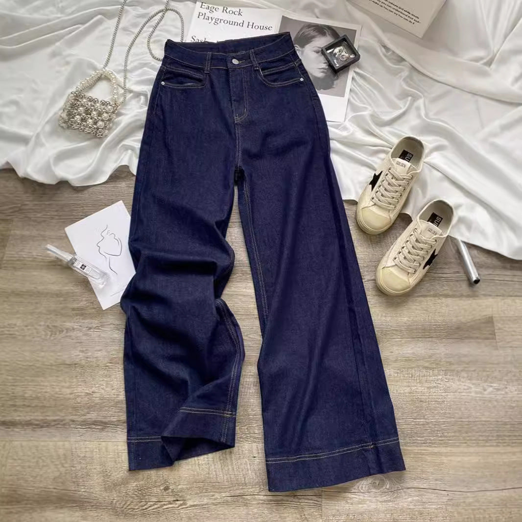 Denim Blue Straight-Leg Jeans for Women, Spring and Autumn 2025 New Style, High-Waisted Design, Slimming, Loose Wide-Leg Pants
