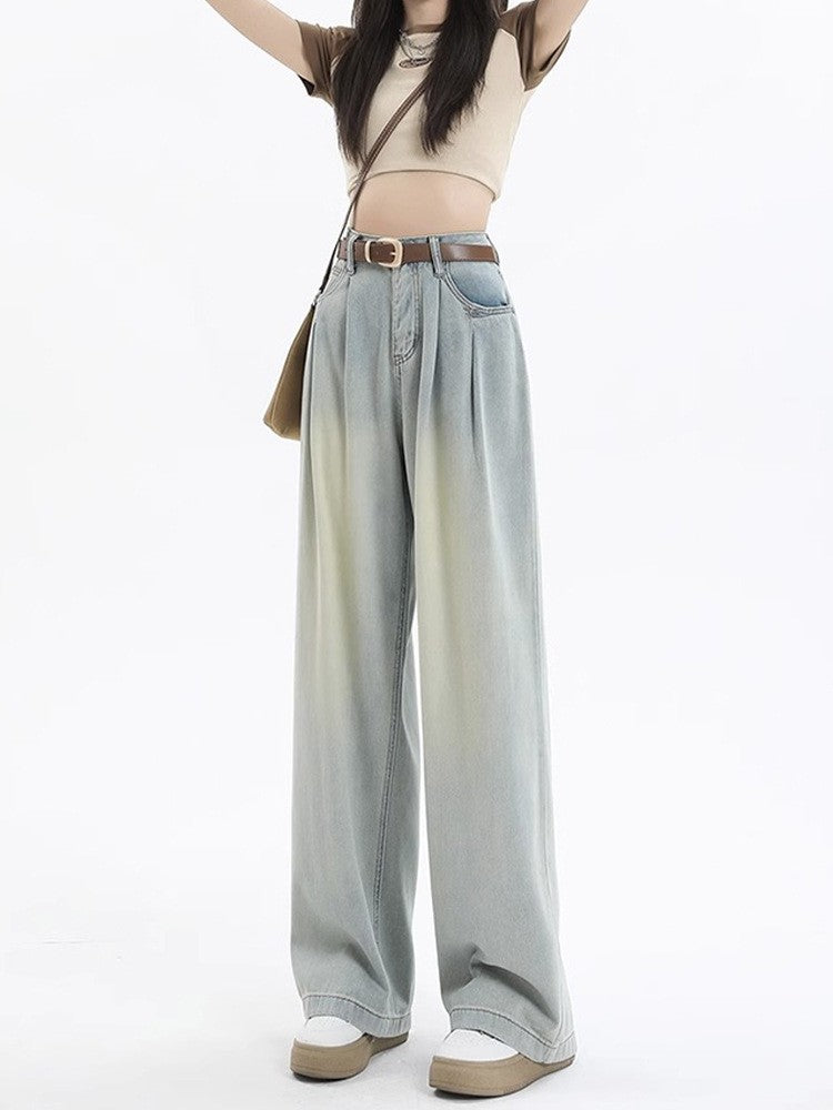 White Wide-Leg Jeans for Women, Summer Thin Fashion Slimming Loose Casual Pleated Drape Versatile Floor-Length Pants