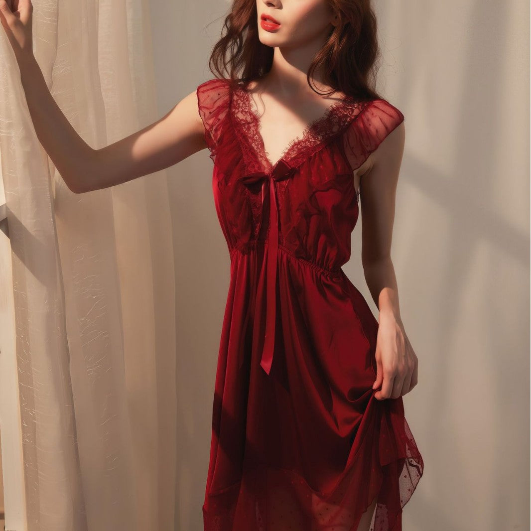 Purely Sensual Silky Slip Nightgown with Sexy Backless Lace Bow, Polka Dot Sleep Dress with a High-End Feel, Loungewear