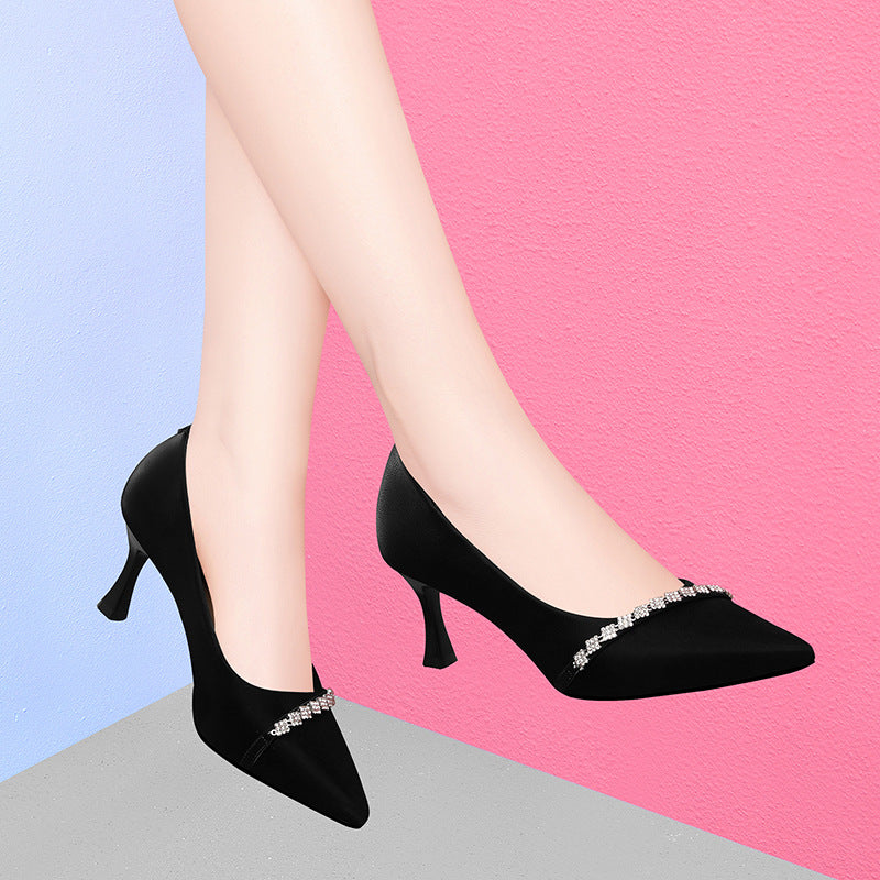 Beautiful High Heels High Heel Women's Shoes Black Pointed All-match Pearl Pointed Design Sense Niche Stiletto Heel Shallow Mouth Single-layer Shoes