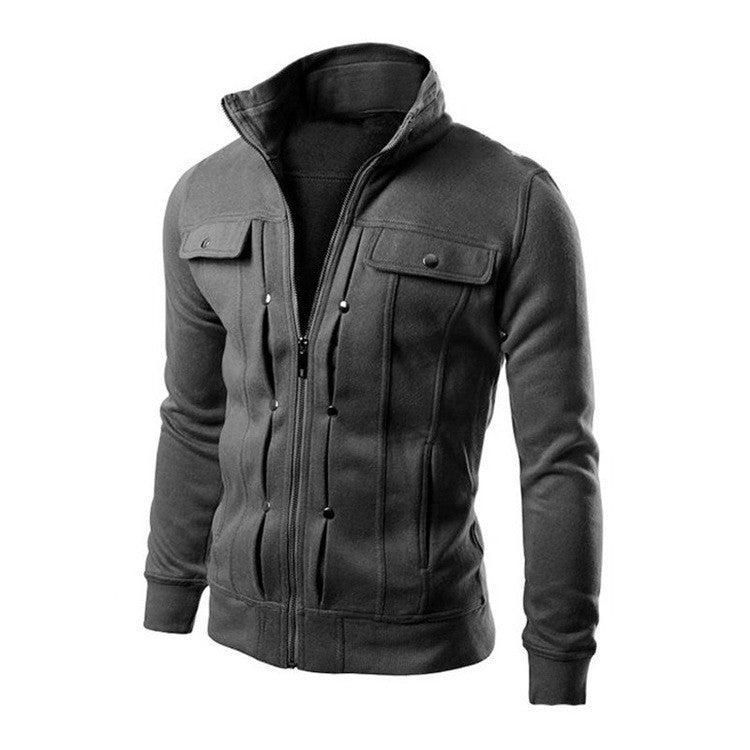 Cross-border in stock foreign trade new stand collar sweater zipper cardigan men's coat slim short brushed sweater jacket