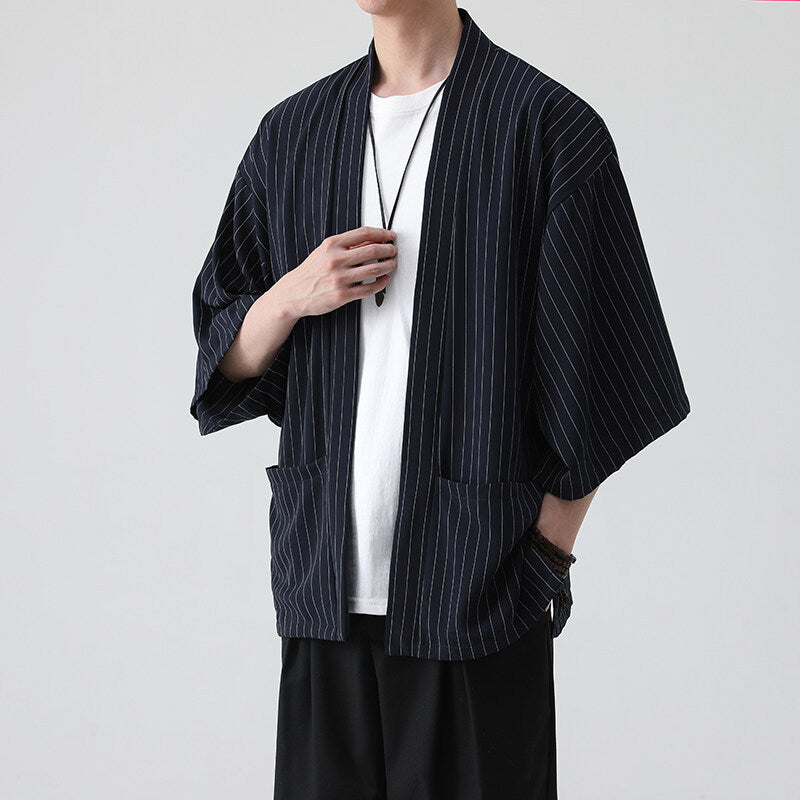 2025 New Summer Stripesd Men's Three-Quarter Sleeve Windbreaker Large Size Thin Outwear Chinese Style Cloak Men's Top