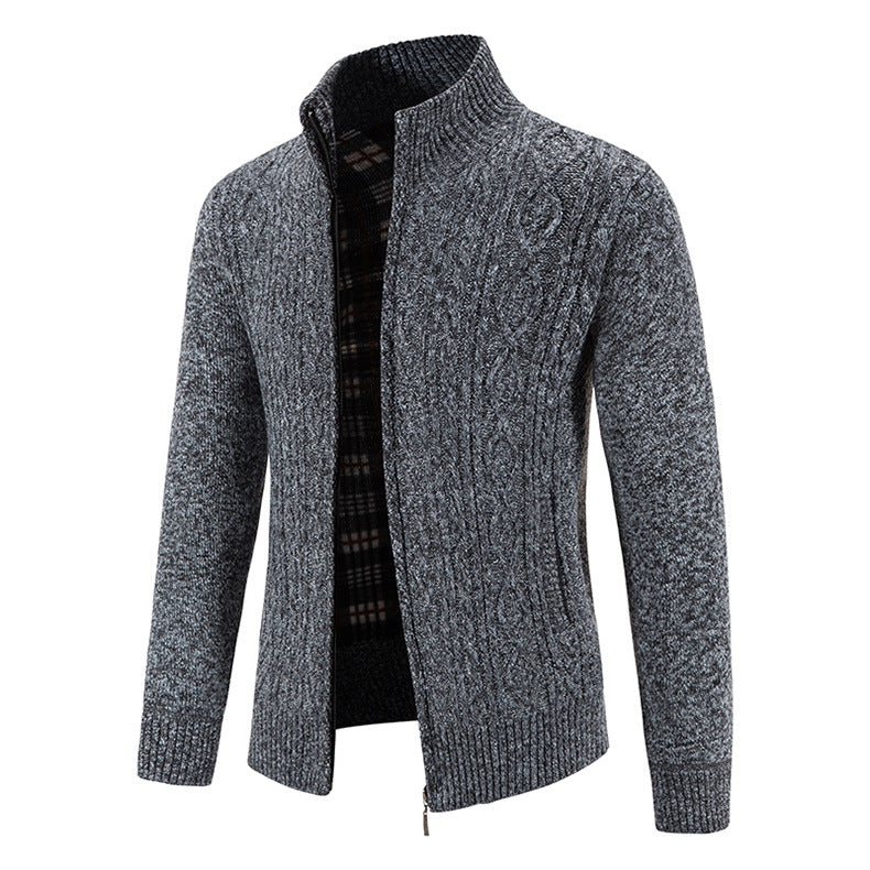 2024 new autumn and winter men's plus velvet sweater cardigan large size foreign trade stand collar fashion jacket coat men's sweater