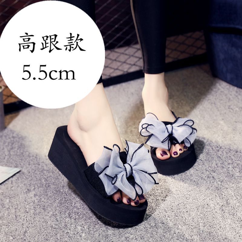 Mid-summer high-heeled slipper butterfly flower women's beach shoes thick-soled sandals and slippers Korean-style non-slip slippers for women