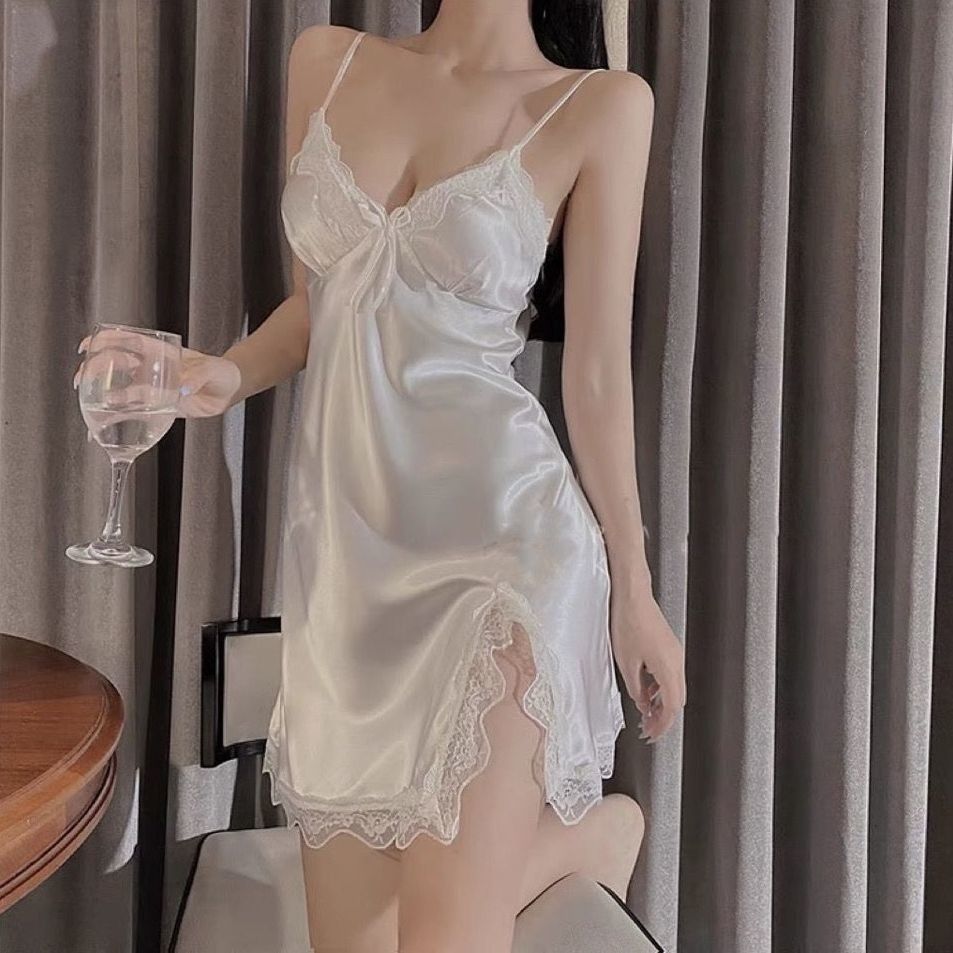 Sexy Pajamas Women's High Elastic Sade Ice Silk Silky Pure Desire Sling Nightgown Women's Hot Summer Home Clothes for Outer Wear