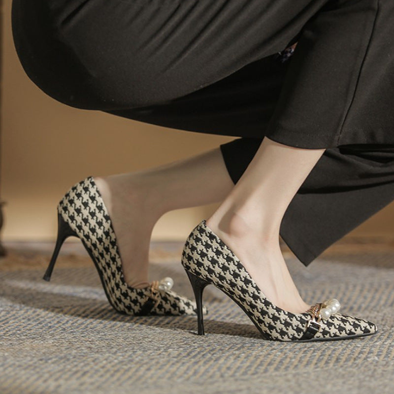Supply Houndstooth Pearl High Heels Pointed Toe Shallow Mouth High Heel Shoes girls Style Houndstooth Pearl High Heels Women