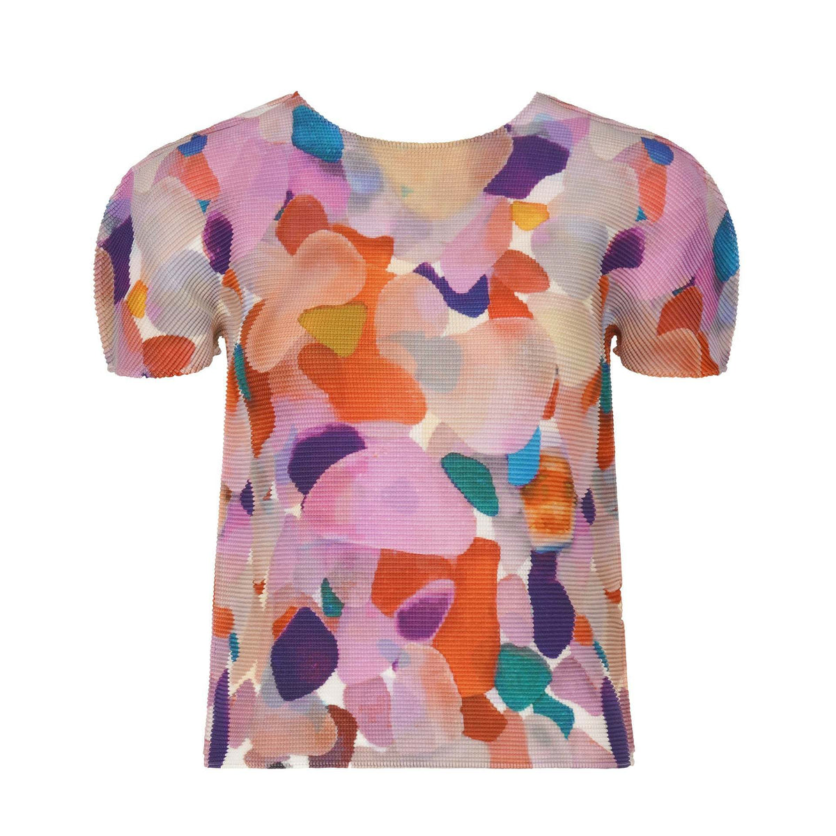 Miyake Design Niche Tops for Women Summer Thin Round Neck Slimming Look Pleated Printed Short-Sleeved T-Shirts for Women