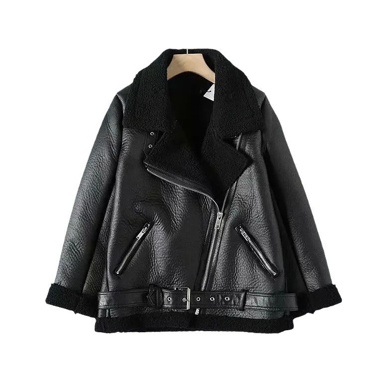 Cross-Border Foreign Trade Women's Clothing in Stock European and American Fashion Fur One-Piece Jacket Thickened Lapel Motorcycle Women's Leather Jacket
