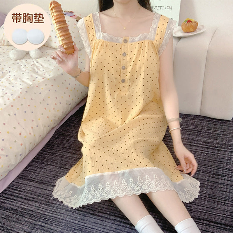 Nightgown Women's Summer Polka Dot 2025 New Style with Breast Pad Cloud Cotton Vest Lace Sweet Pajamas Summer Home Wear