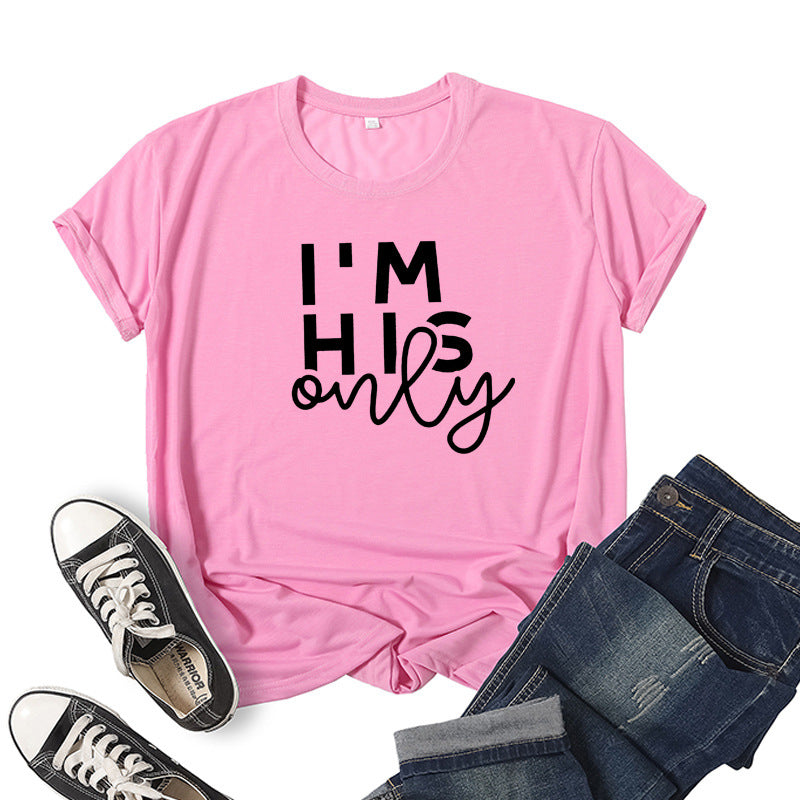 in stock Foreign Trade Cross-border I 'M HER ONE Couple Valentine's Day Printed Short-sleeved Crewneck T-shirt European and American Men and Women